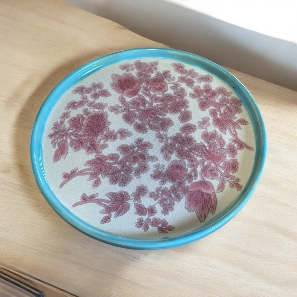 Pier 1 Pottery Plate/Pizza Plate/Art Plate Turquoise Rim-Pink Flowers-Hand Wash